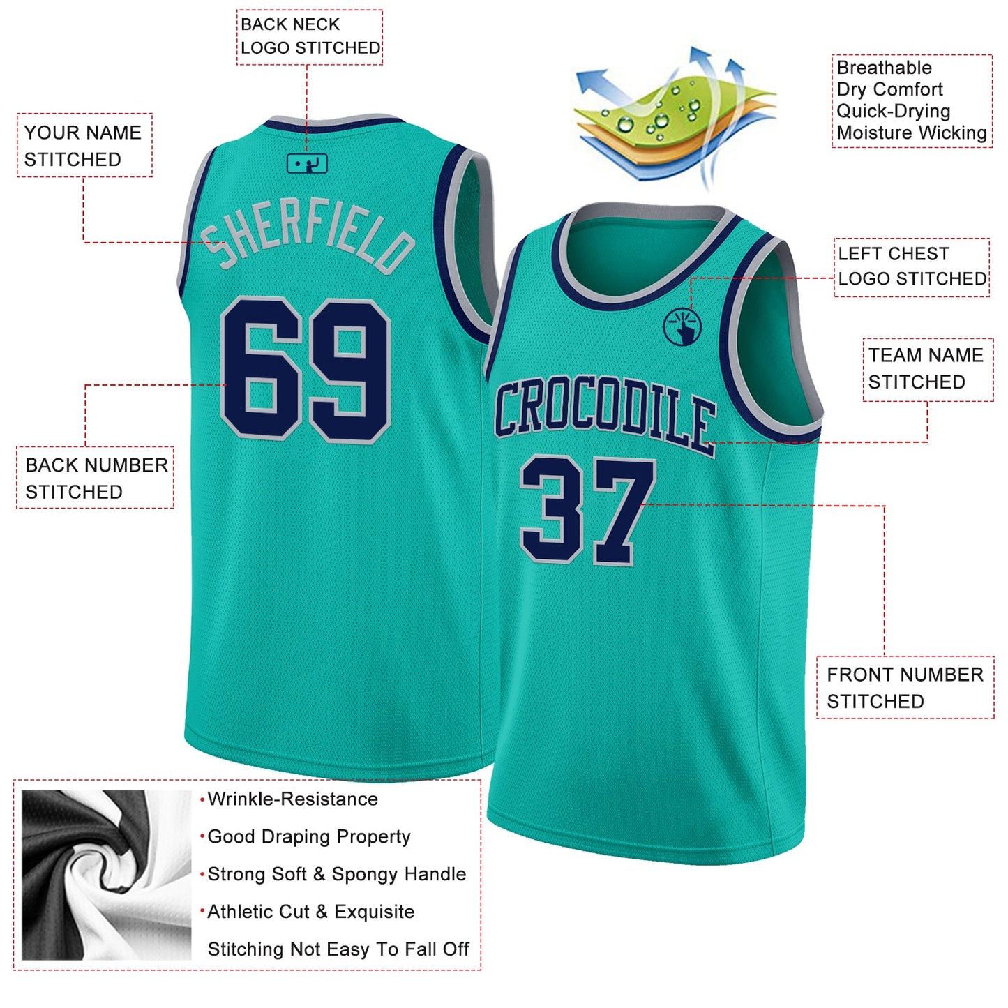 Custom Aqua Navy-Gray Authentic Basketball Jersey view 2