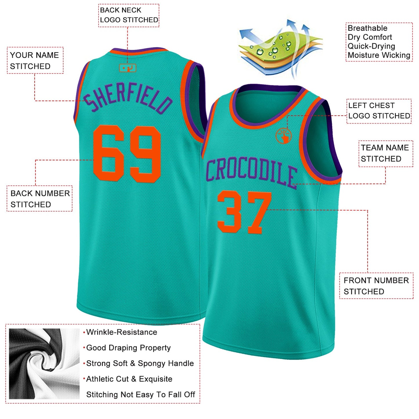 Custom Aqua Orange-Purple Authentic Basketball Jersey view 2