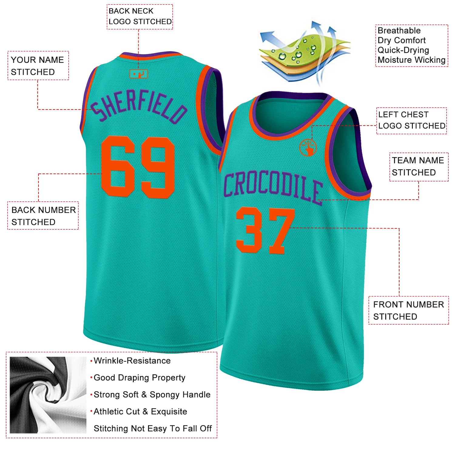 Custom Aqua Orange-Purple Authentic Basketball Jersey view 2