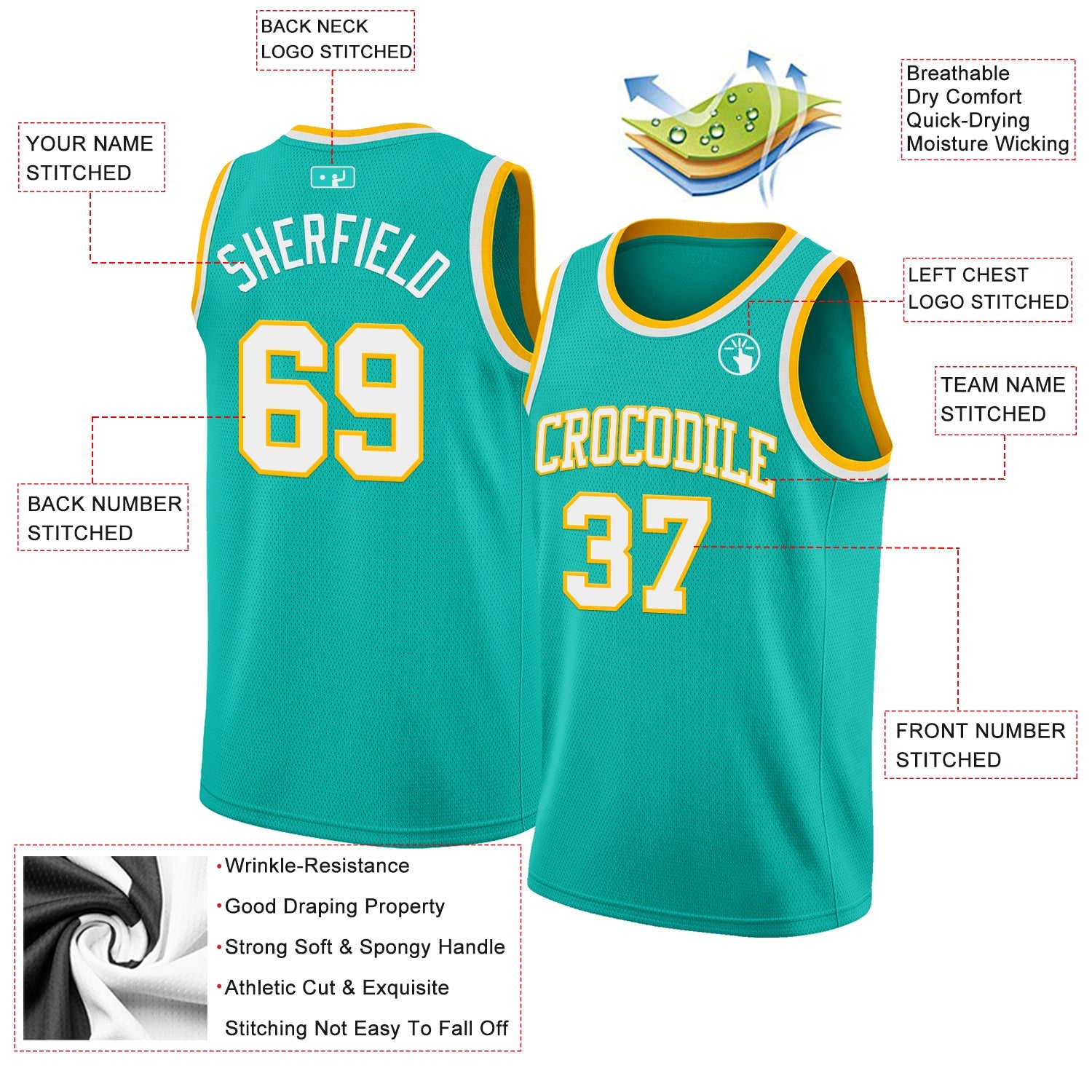 Custom Aqua White-Gold Authentic Basketball Jersey view 2