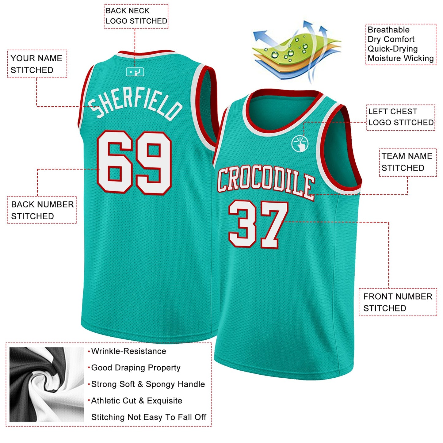 Custom Aqua White-Red Authentic Basketball Jersey view 2