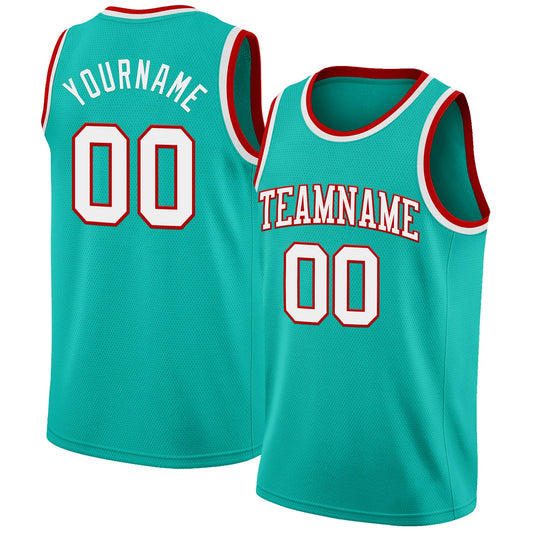 Custom Aqua White-Red Authentic Basketball Jersey - Main View