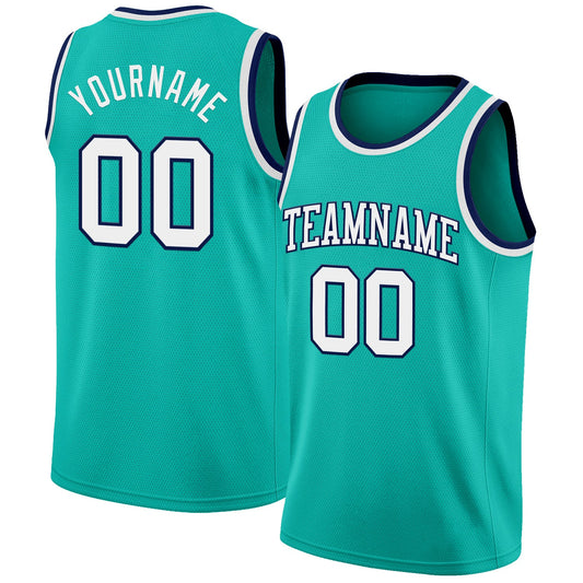 Custom Aqua White-Navy Authentic Basketball Jersey - Main View