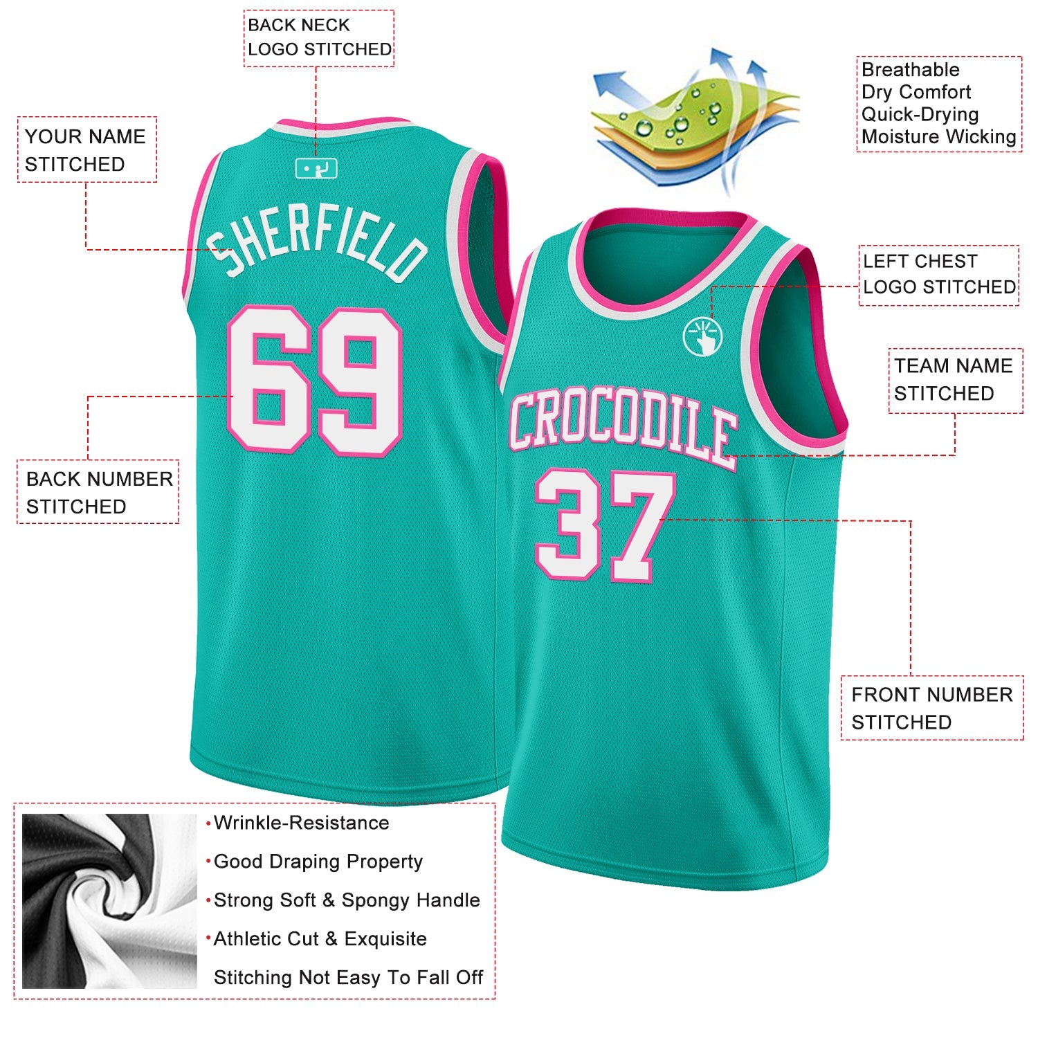 Custom Aqua White-Pink Authentic Basketball Jersey view 2