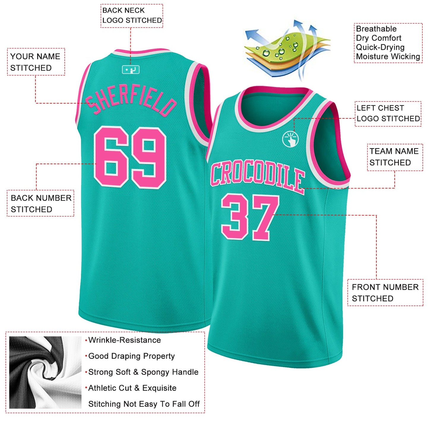 Custom Aqua Pink-White Authentic Basketball Jersey view 2