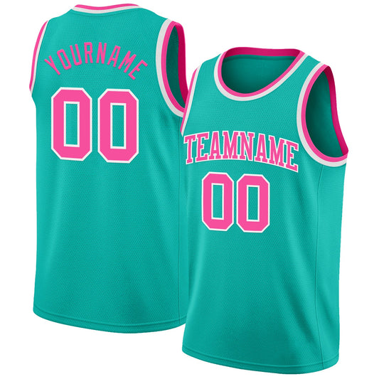 Custom Aqua Pink-White Authentic Basketball Jersey - Main View