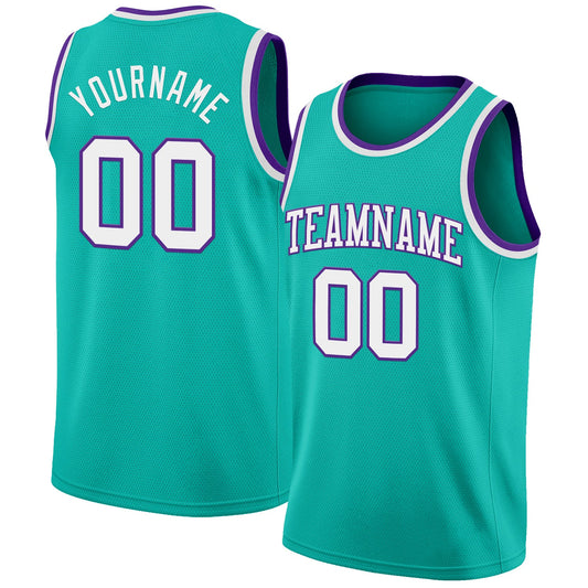 Custom Aqua White-Purple Authentic Basketball Jersey - Main View