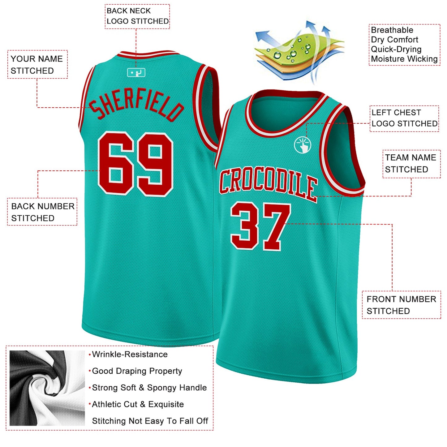 Custom Aqua Red-White Authentic Basketball Jersey view 2