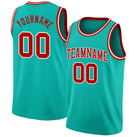 Custom Aqua Red-White Authentic Basketball Jersey - Main View
