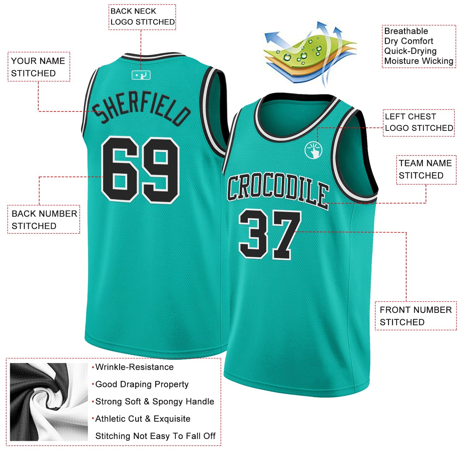 Custom Aqua Black-White Authentic Basketball Jersey view 2