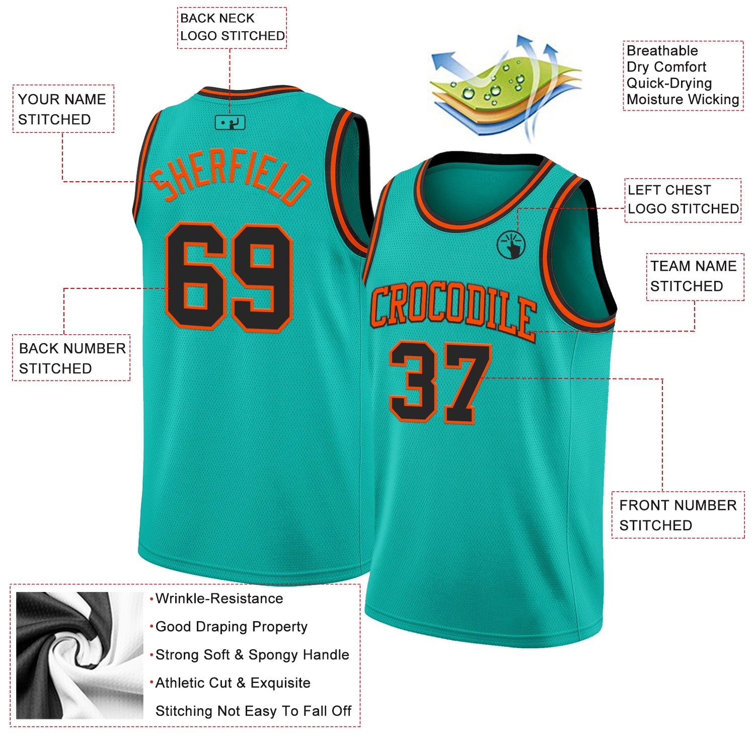 Custom Aqua Black-Orange Authentic Basketball Jersey view 2