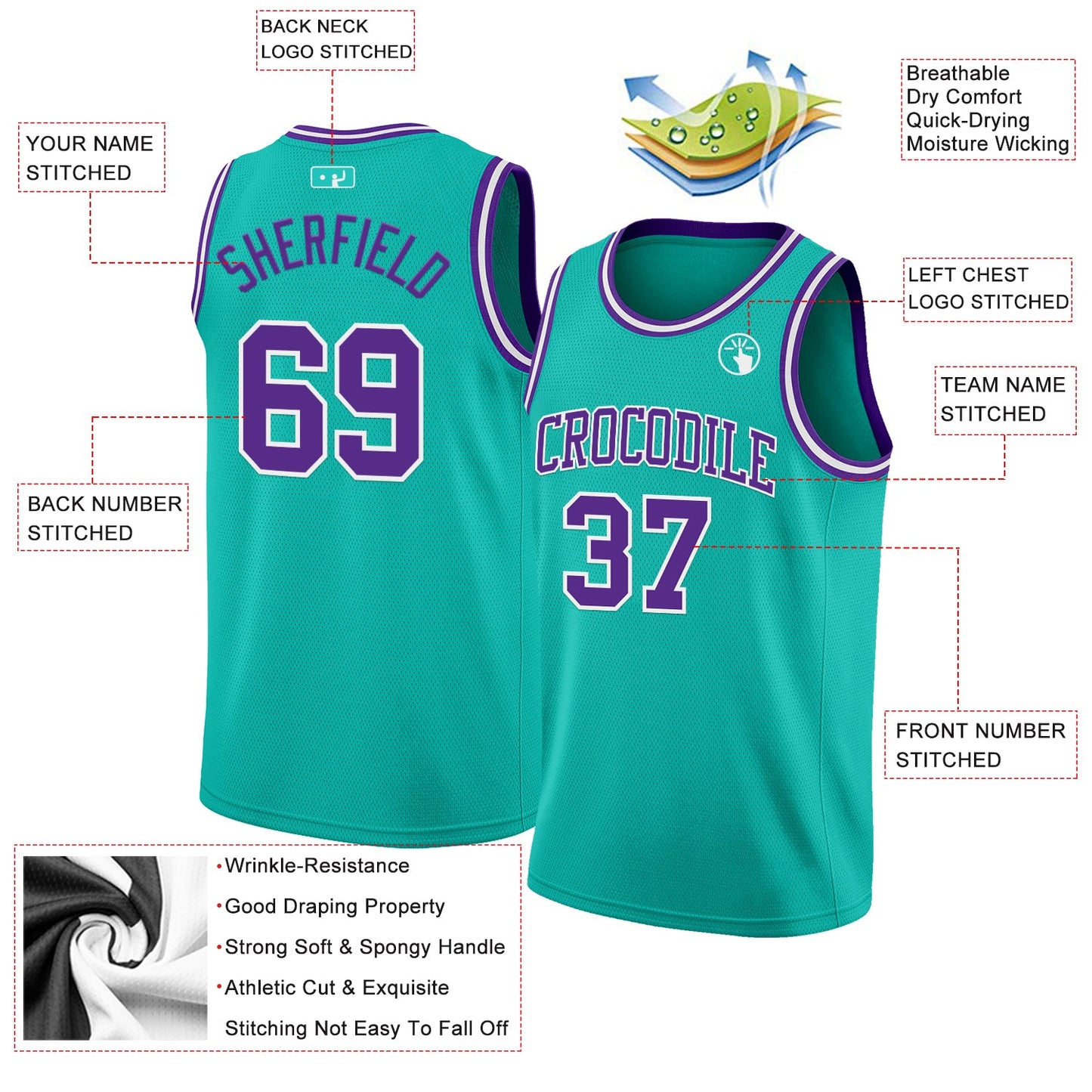 Custom Aqua Purple-White Authentic Basketball Jersey view 2