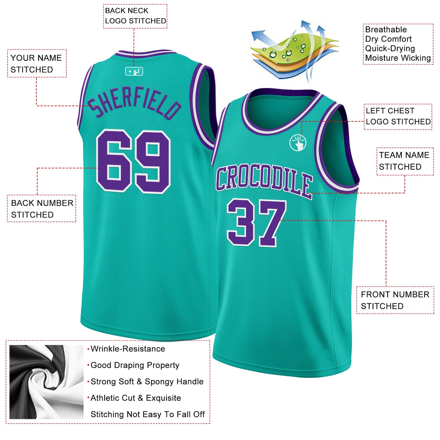 Custom Aqua Purple-White Authentic Basketball Jersey view 2