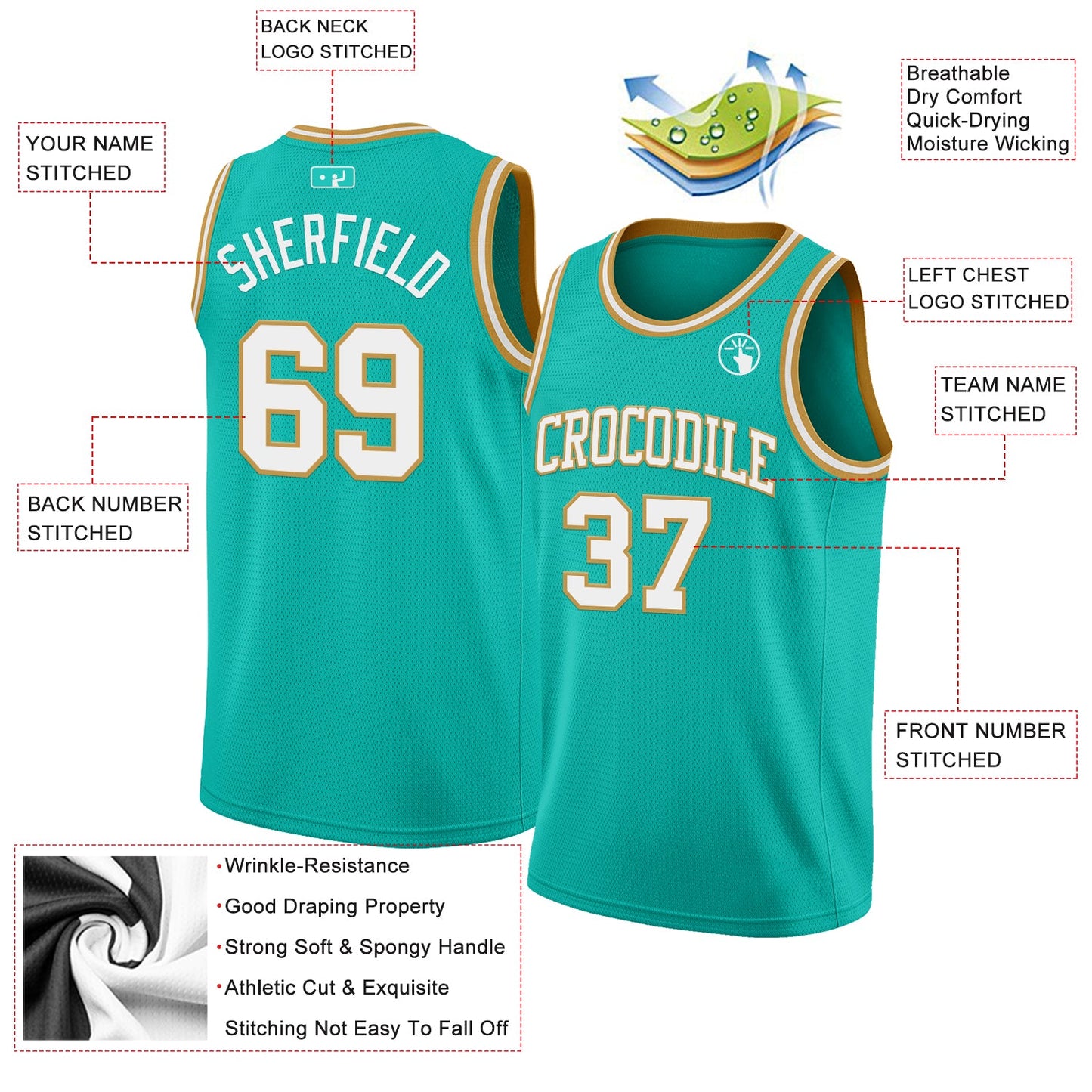 Custom Aqua White-Old Gold Authentic Basketball Jersey view 2