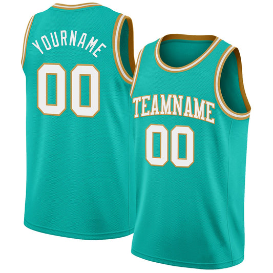 Custom Aqua White-Old Gold Authentic Basketball Jersey - Main View