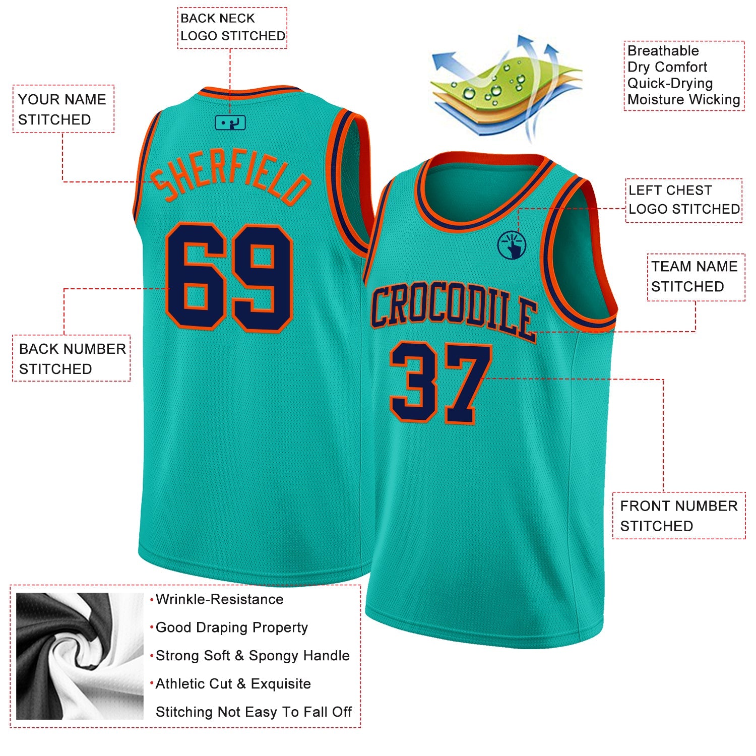 Custom Aqua Navy-Orange Authentic Basketball Jersey view 2
