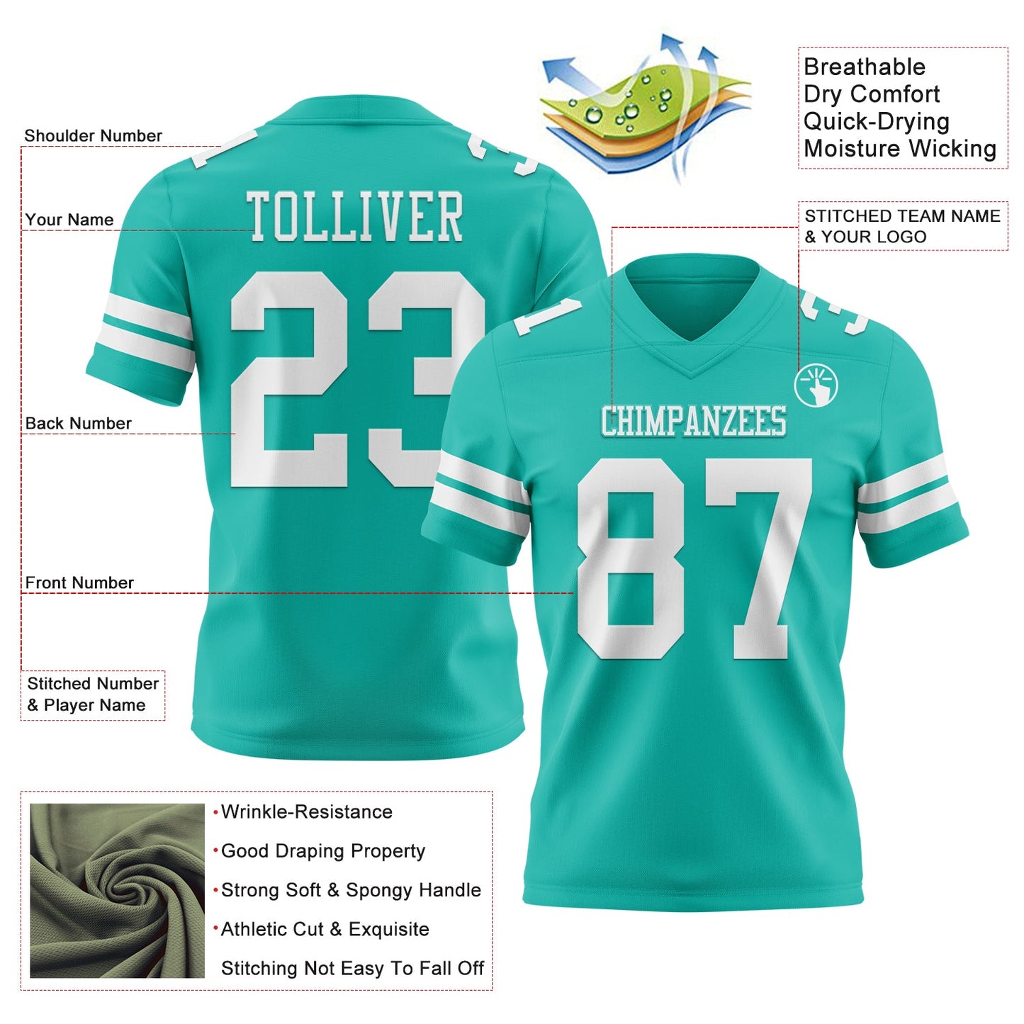 Custom Aqua White Authentic Football Jersey view 3