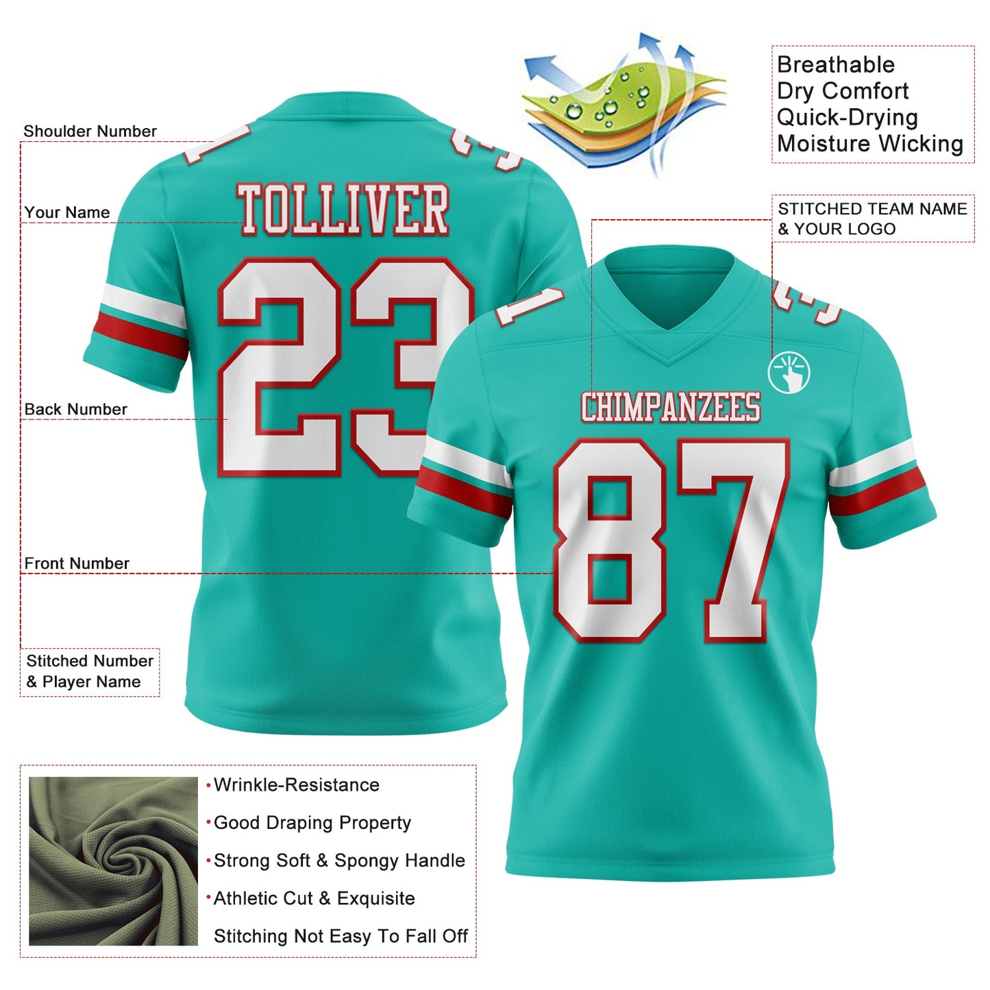 Custom Aqua White-Red Authentic Football Jersey view 3