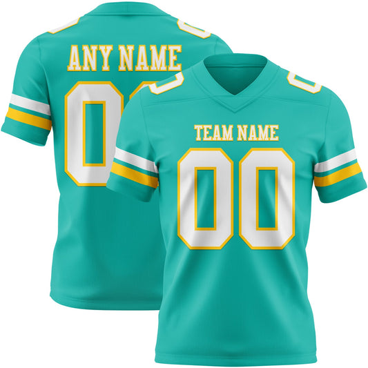 Custom Aqua White-Yellow Authentic Football Jersey - Main View