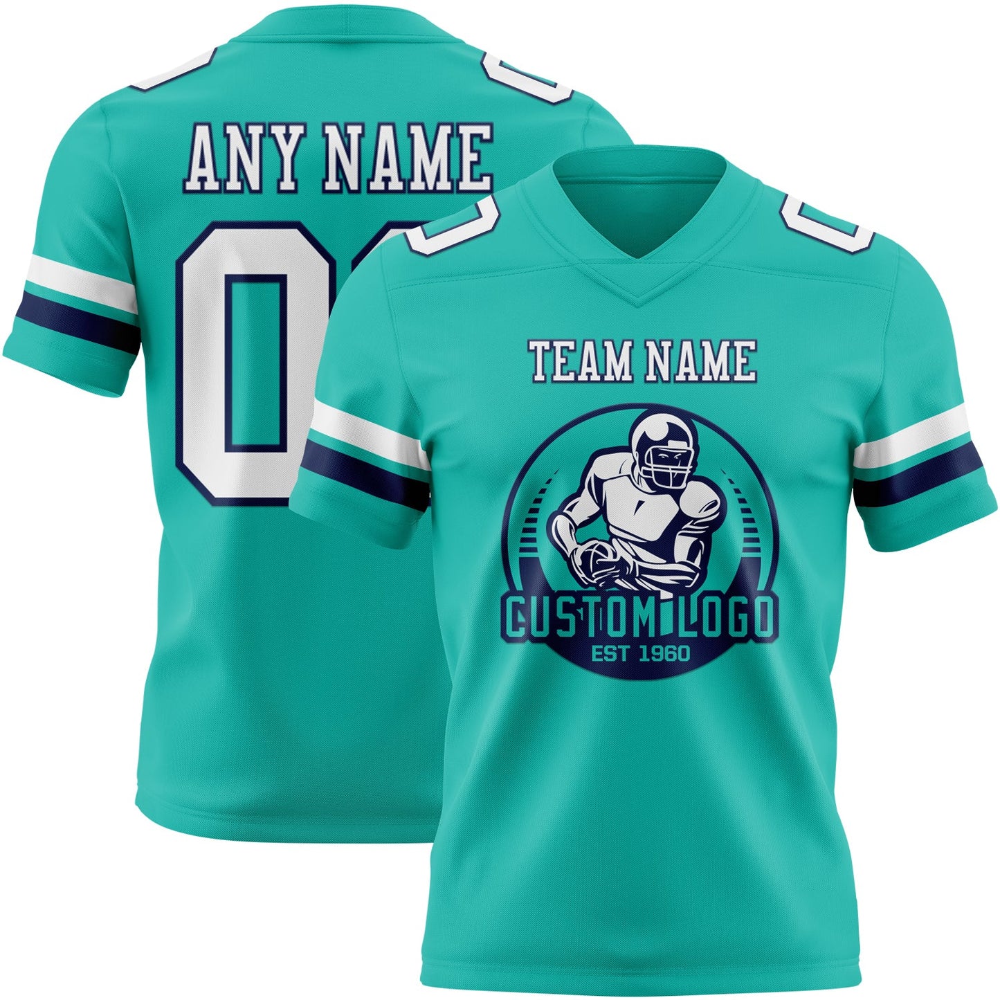 Custom Aqua White-Navy Authentic Football Jersey view 2