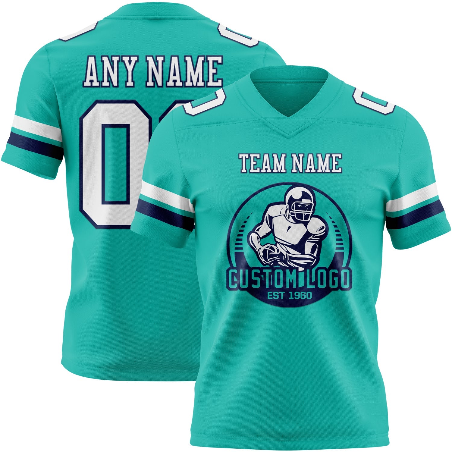 Custom Aqua White-Navy Authentic Football Jersey view 2