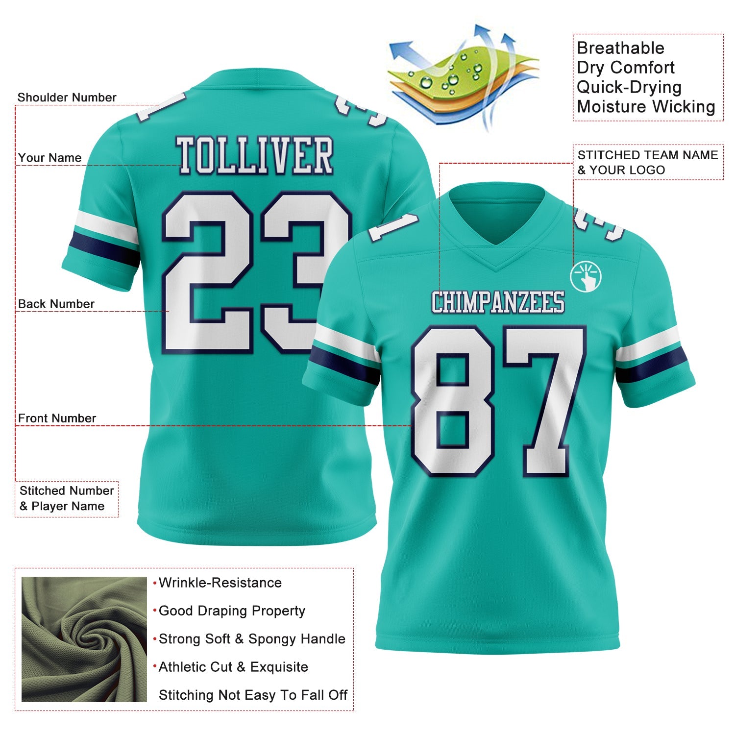 Custom Aqua White-Navy Authentic Football Jersey view 3