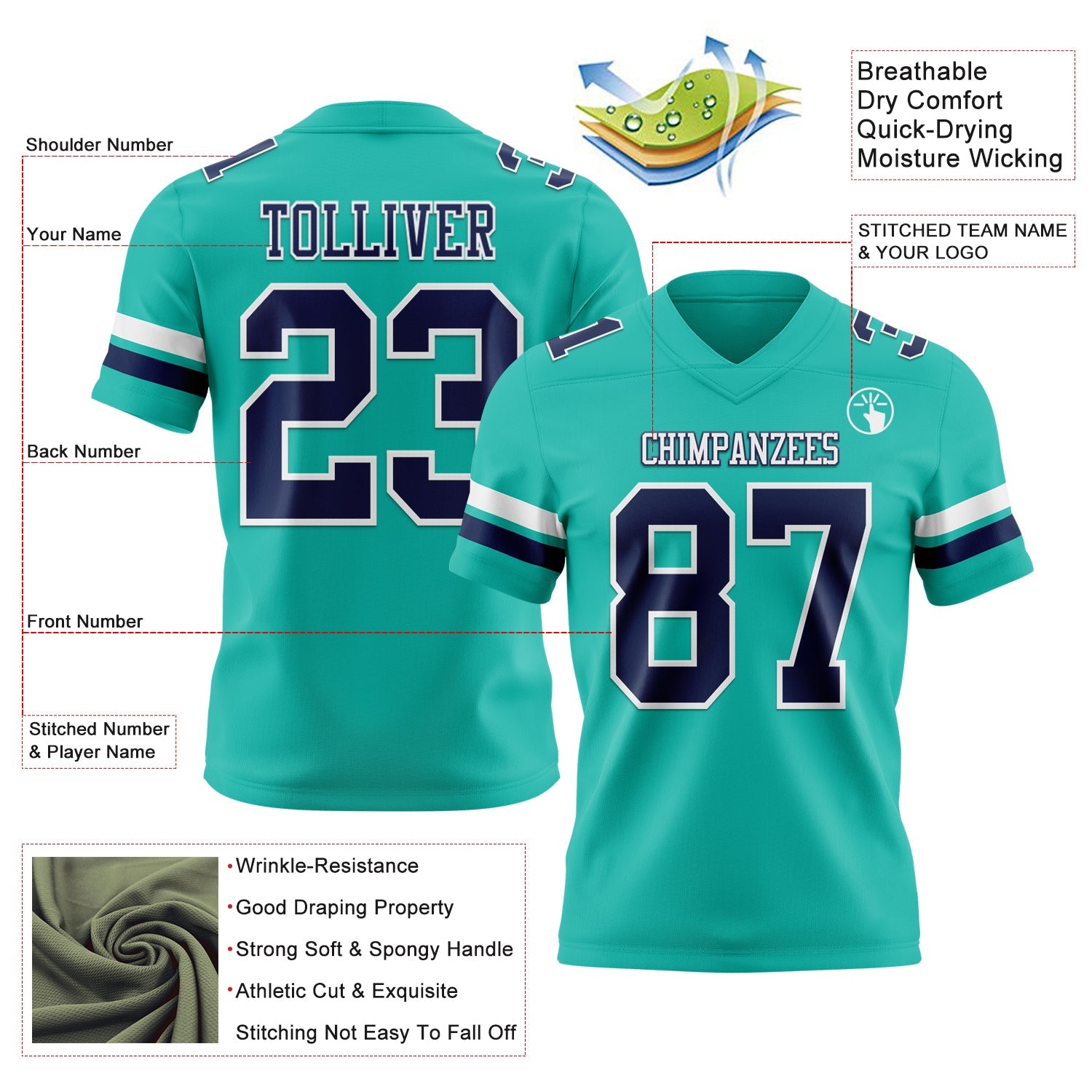 Custom Aqua Navy-White Authentic Football Jersey view 3