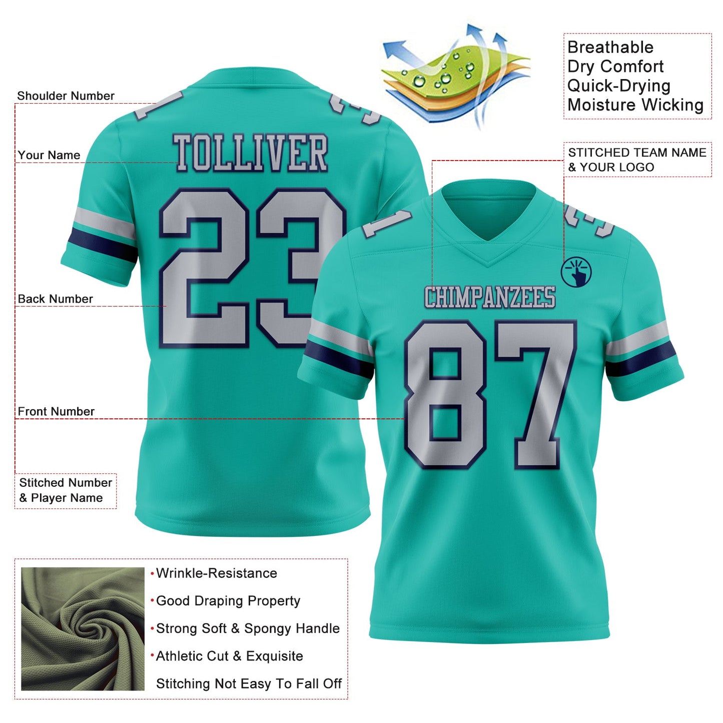 Custom Aqua Gray-Navy Authentic Football Jersey view 3