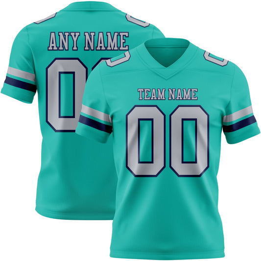 Custom Aqua Gray-Navy Authentic Football Jersey - Main View