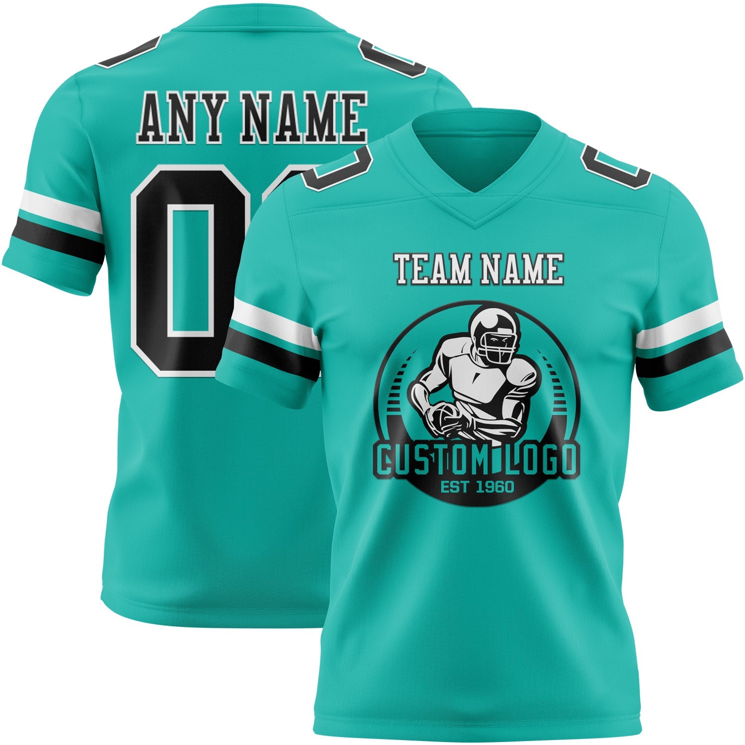 Custom Aqua Black-White Authentic Football Jersey view 2