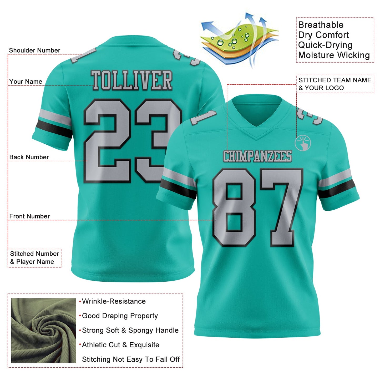 Custom Aqua Gray-Black Authentic Football Jersey view 3