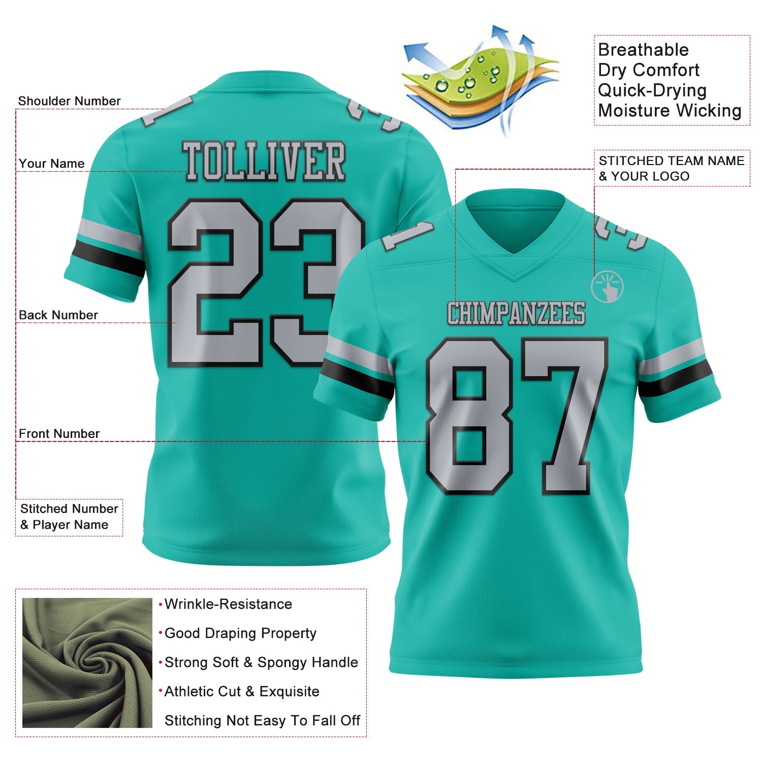 Custom Aqua Gray-Black Authentic Football Jersey view 3