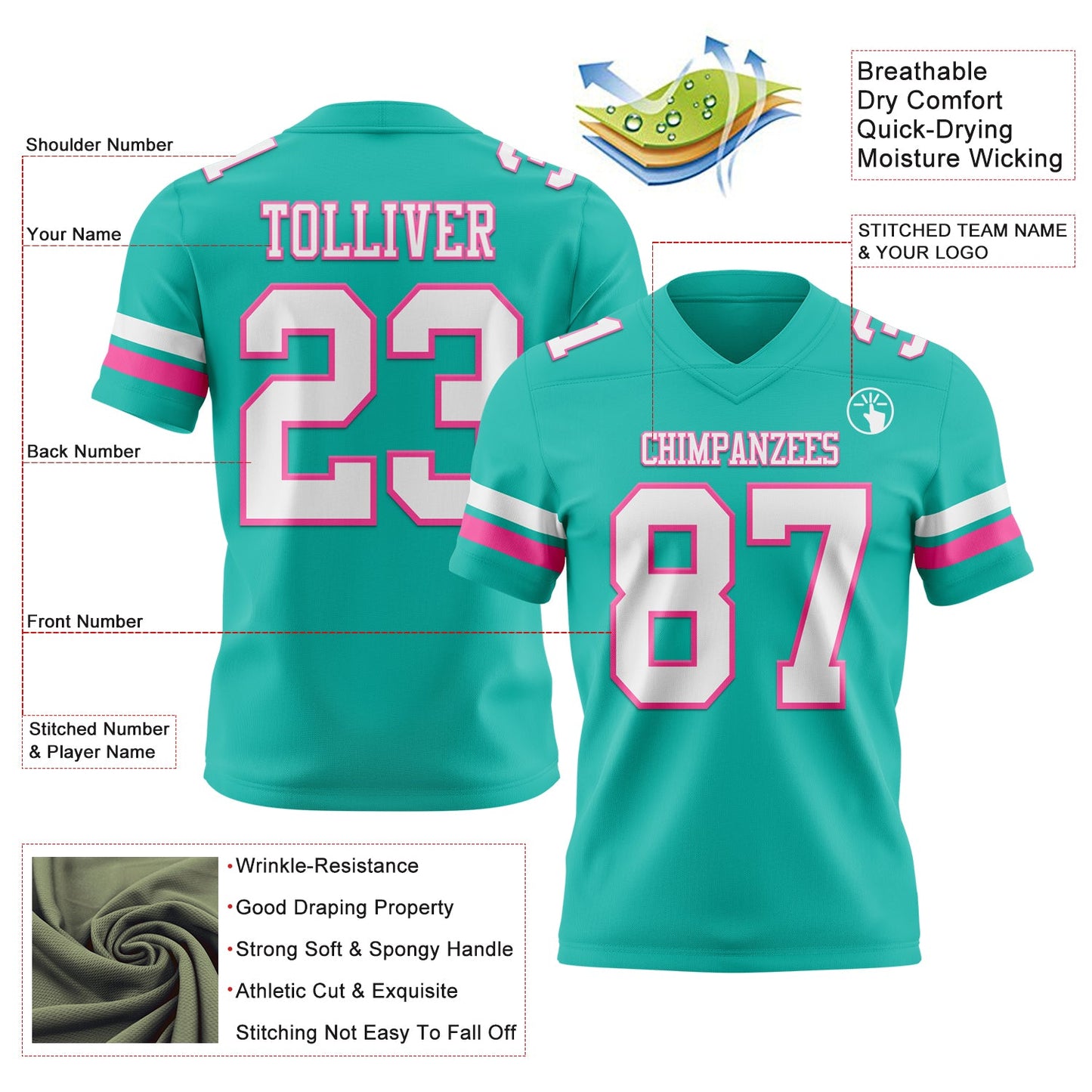 Custom Aqua White-Pink Authentic Football Jersey view 3