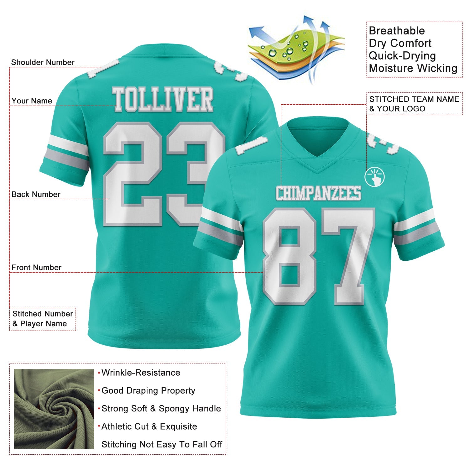 Custom Aqua White-Gray Authentic Football Jersey view 3