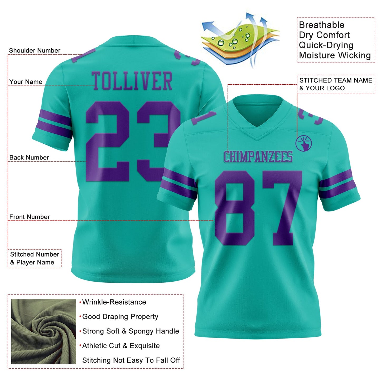 Custom Aqua Purple Authentic Football Jersey view 3