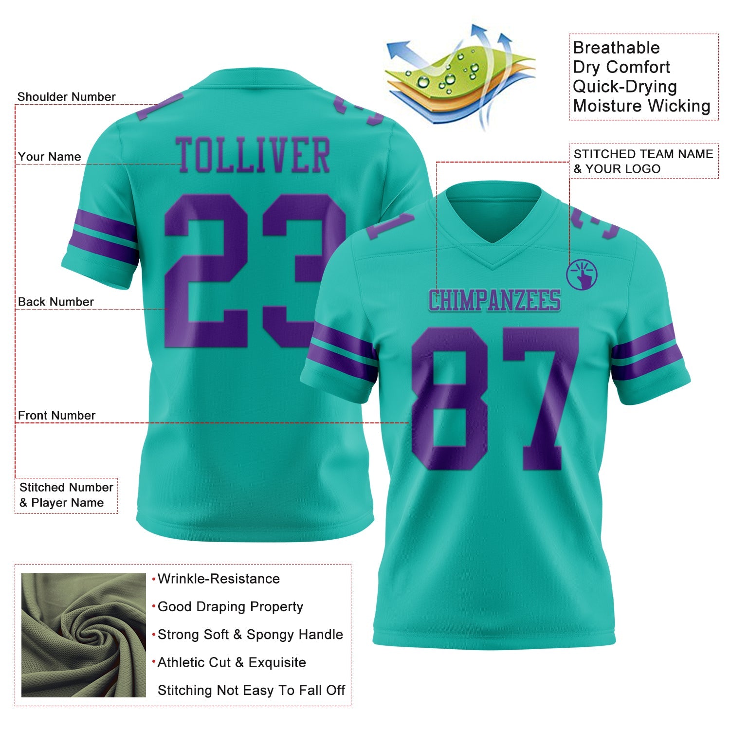 Custom Aqua Purple Authentic Football Jersey view 3