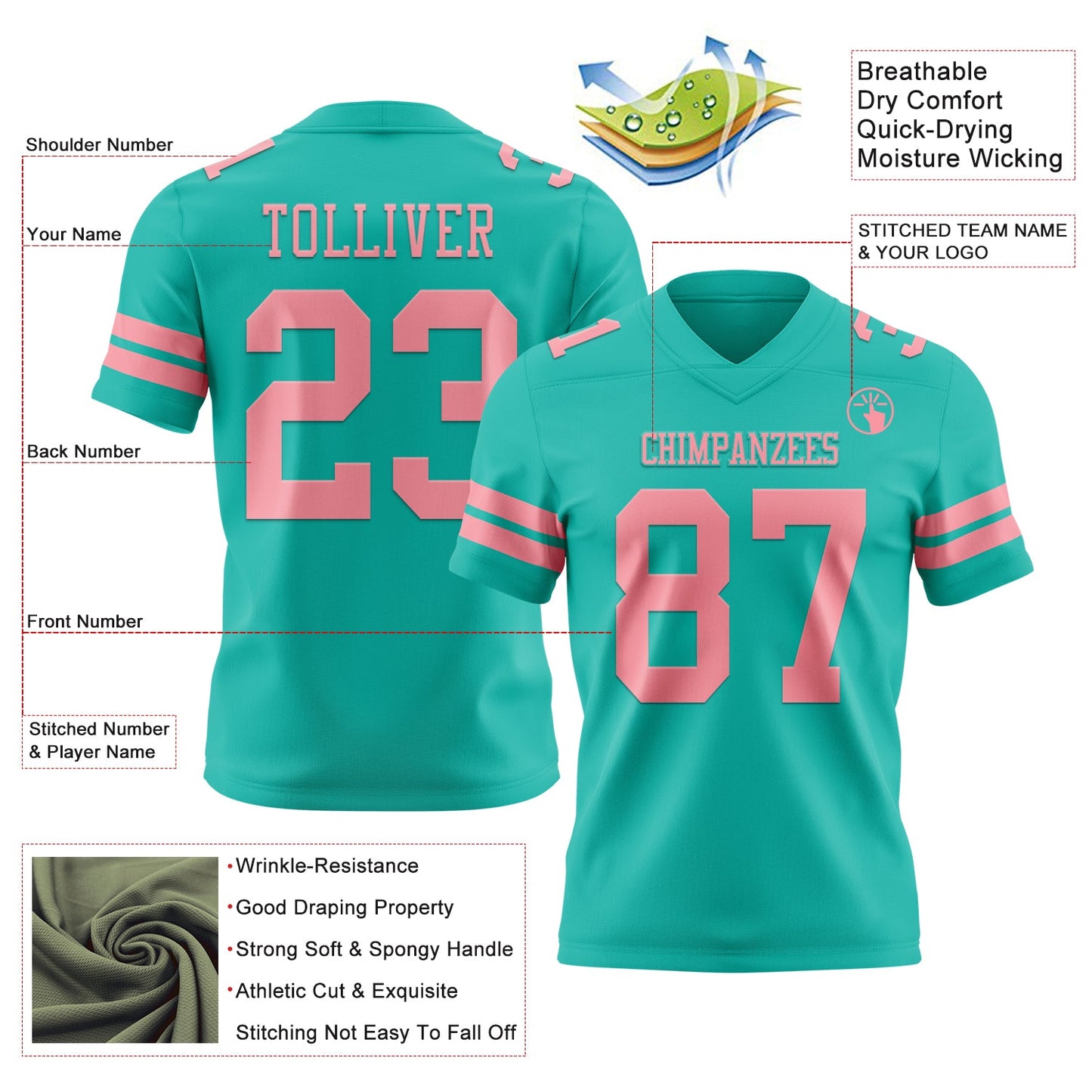 Custom Aqua Medium Pink Authentic Football Jersey view 3