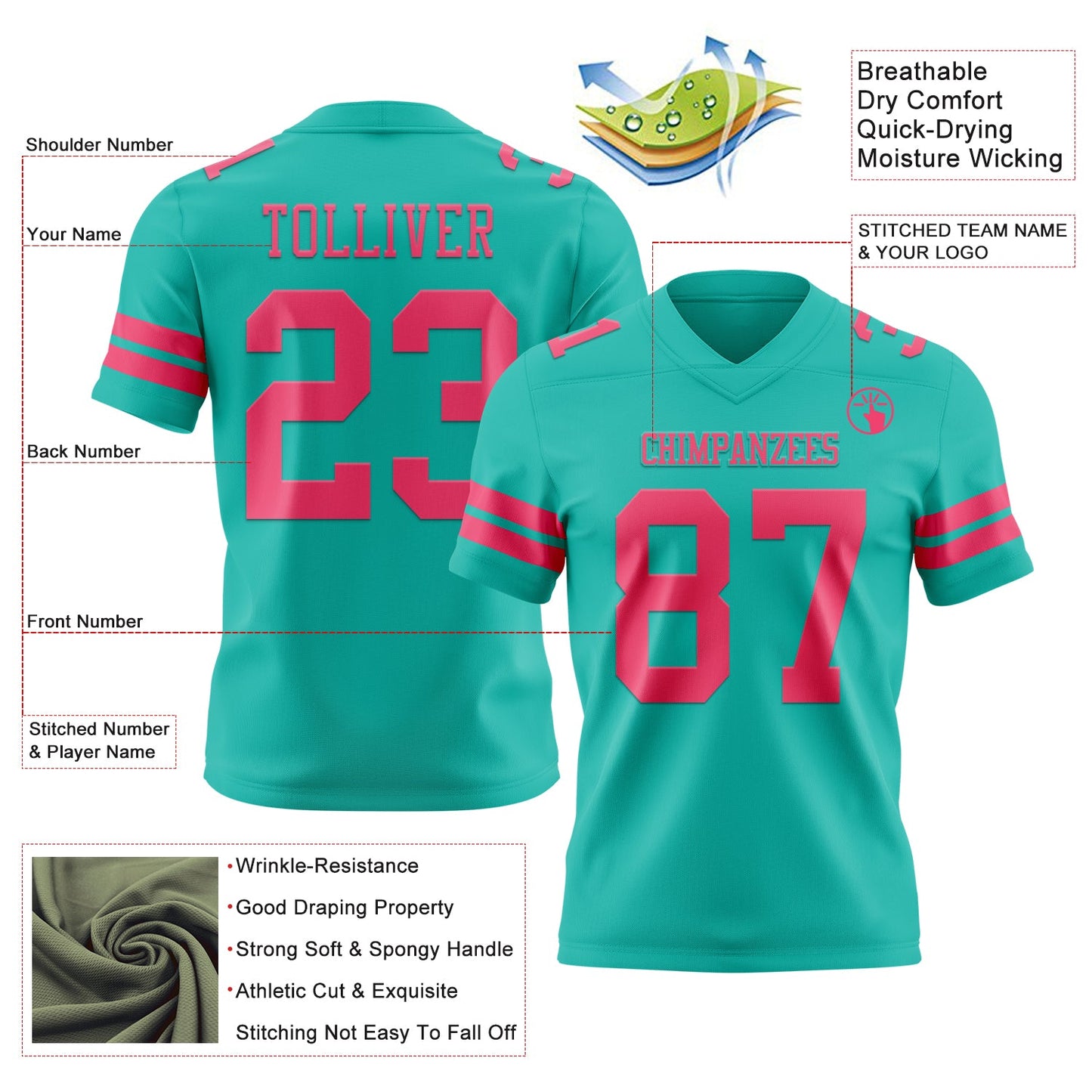 Custom Aqua Neon Pink Authentic Football Jersey view 3