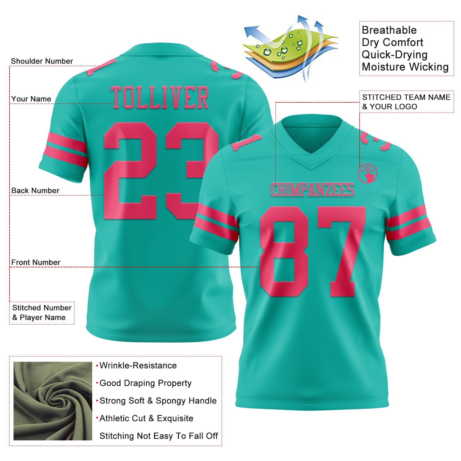 Custom Aqua Neon Pink Authentic Football Jersey view 3