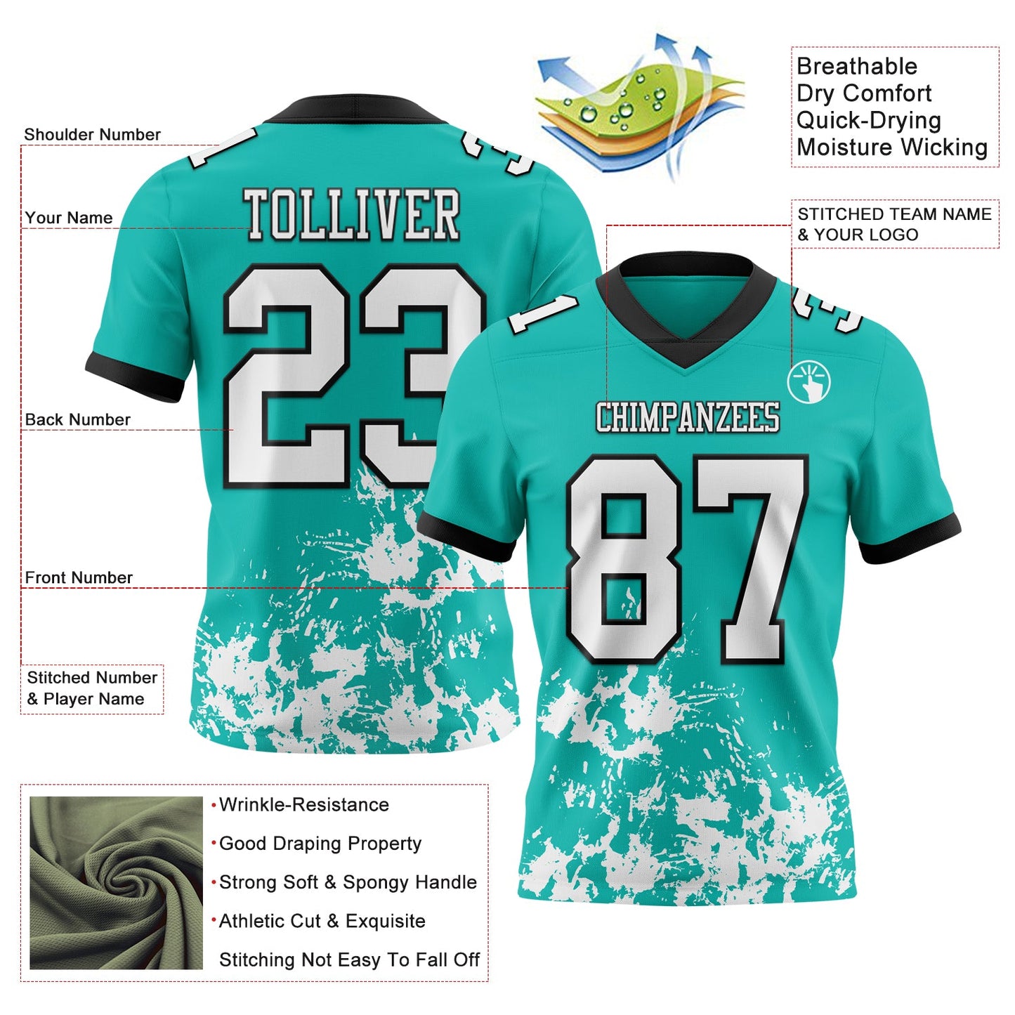 Custom Aqua White-Black 3D Pattern Splash Authentic Football Jersey view 3