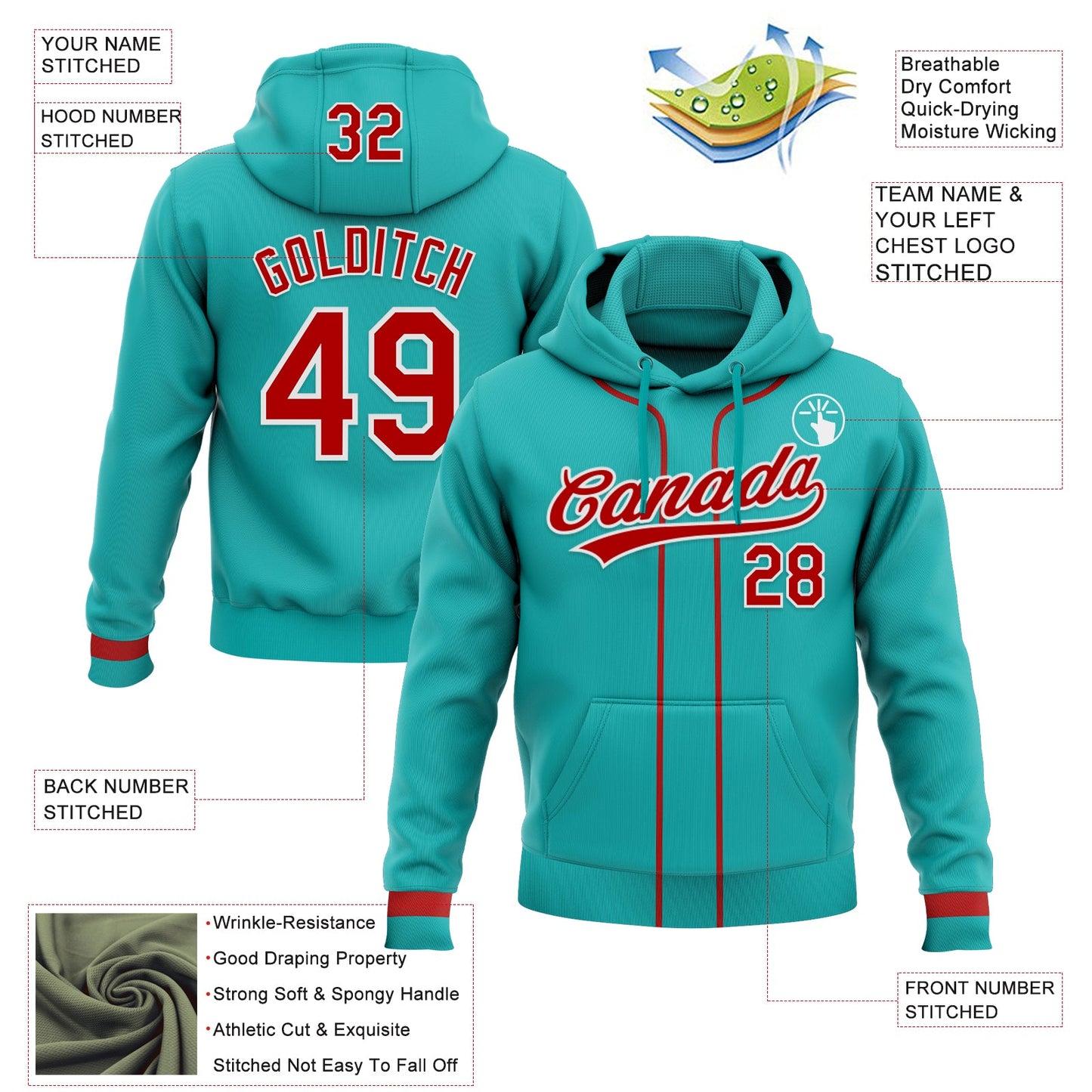 Custom Stitched Aqua Red-White Baseball Pullover Sweatshirt Hoodie view 2