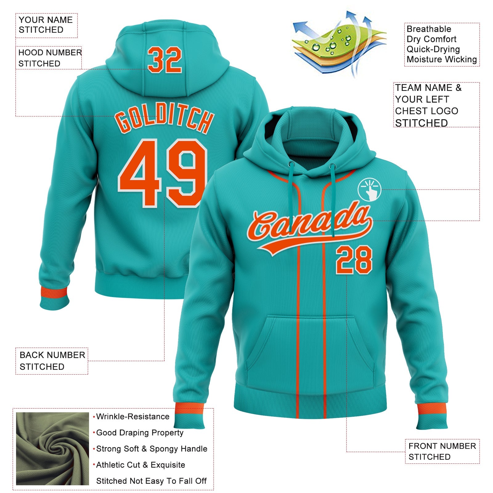 Custom Stitched Aqua Orange-White Baseball Pullover Sweatshirt Hoodie view 2