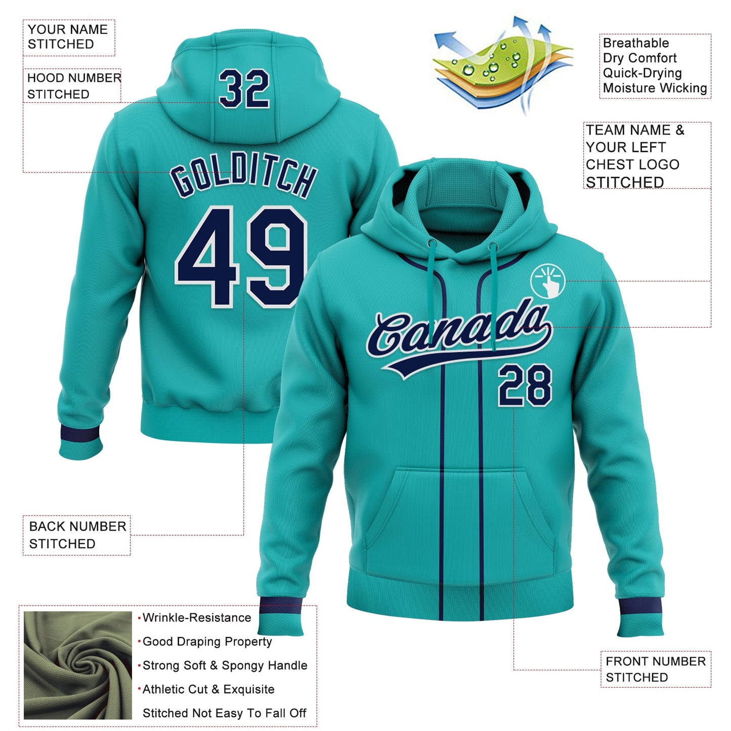 Custom Stitched Aqua Navy-White Baseball Pullover Sweatshirt Hoodie view 2