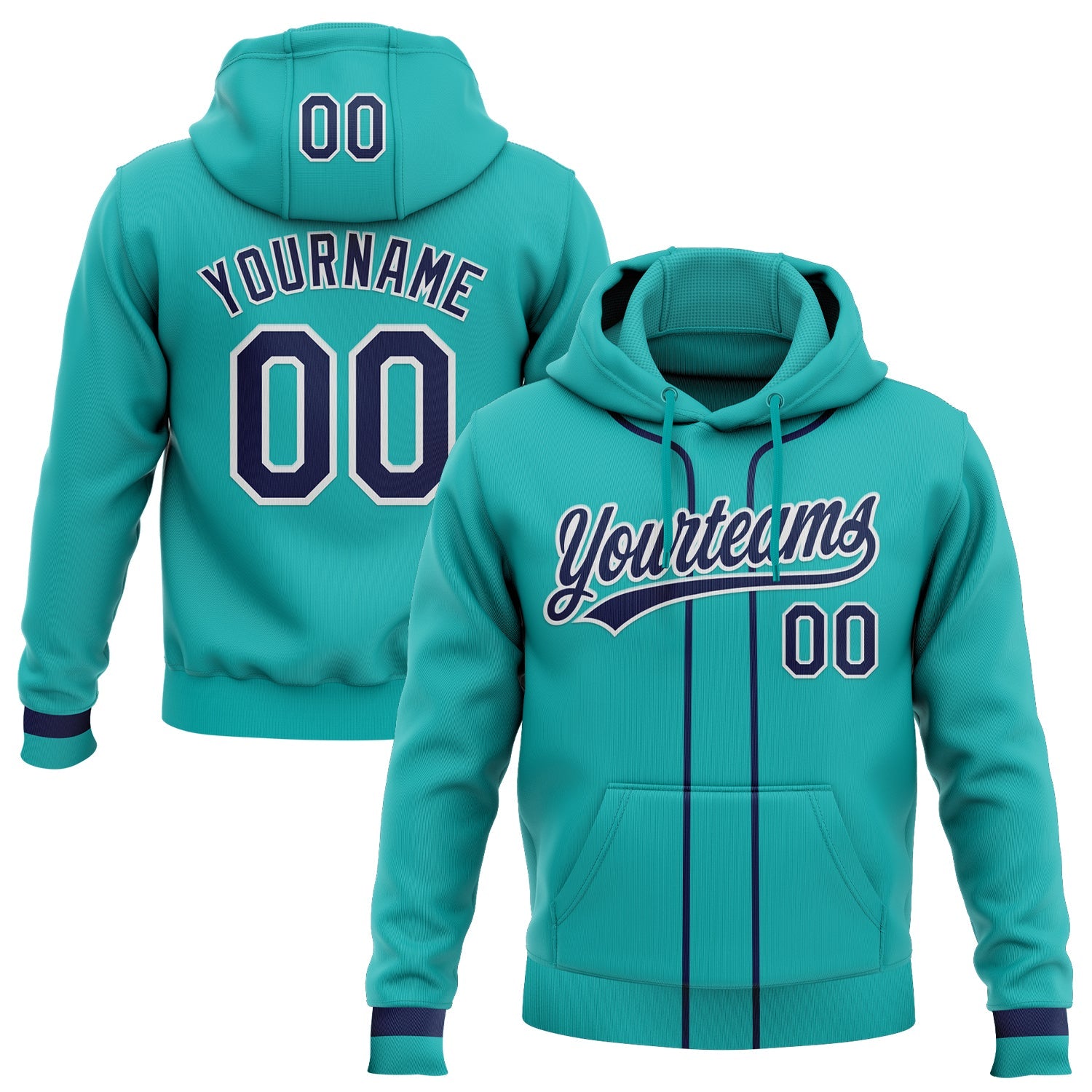 Custom Stitched Aqua Navy-White Baseball Pullover Sweatshirt Hoodie - Main View