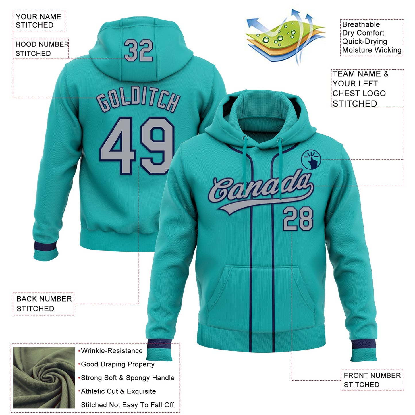 Custom Stitched Aqua Gray-Navy Baseball Pullover Sweatshirt Hoodie view 2