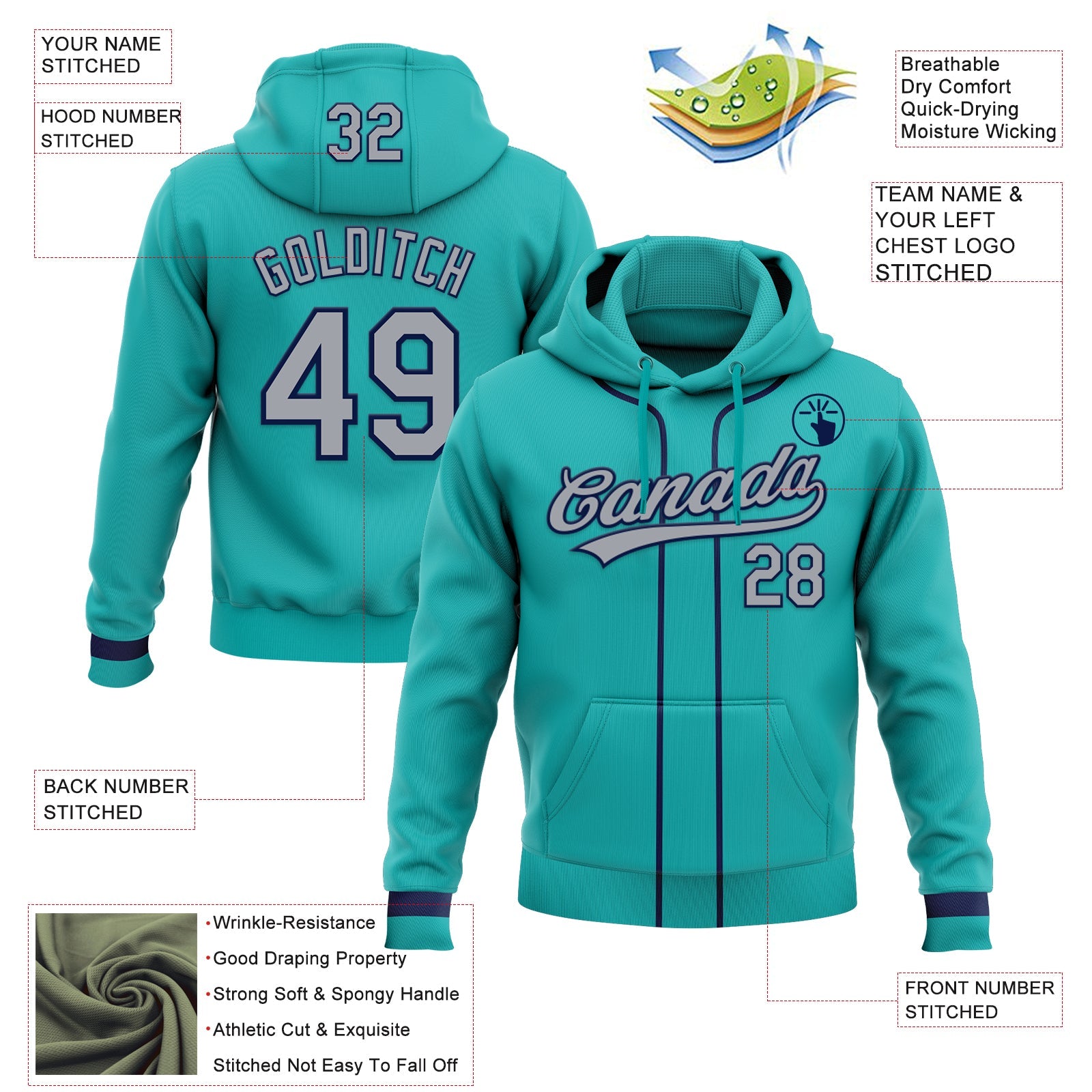 Custom Stitched Aqua Gray-Navy Baseball Pullover Sweatshirt Hoodie view 2