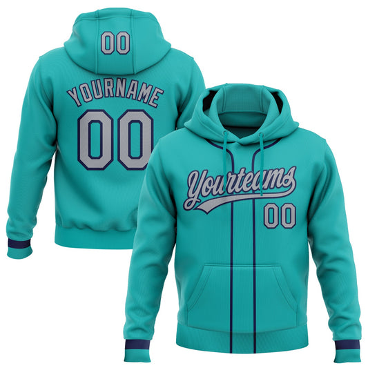 Custom Stitched Aqua Gray-Navy Baseball Pullover Sweatshirt Hoodie - Main View