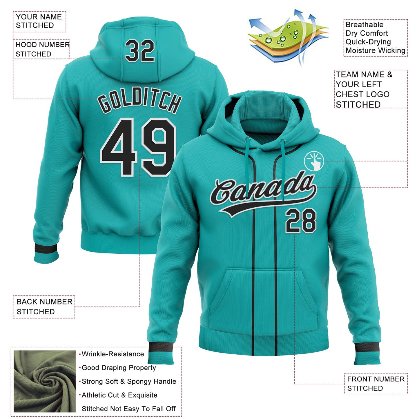 Custom Stitched Aqua Black-White Baseball Pullover Sweatshirt Hoodie view 2