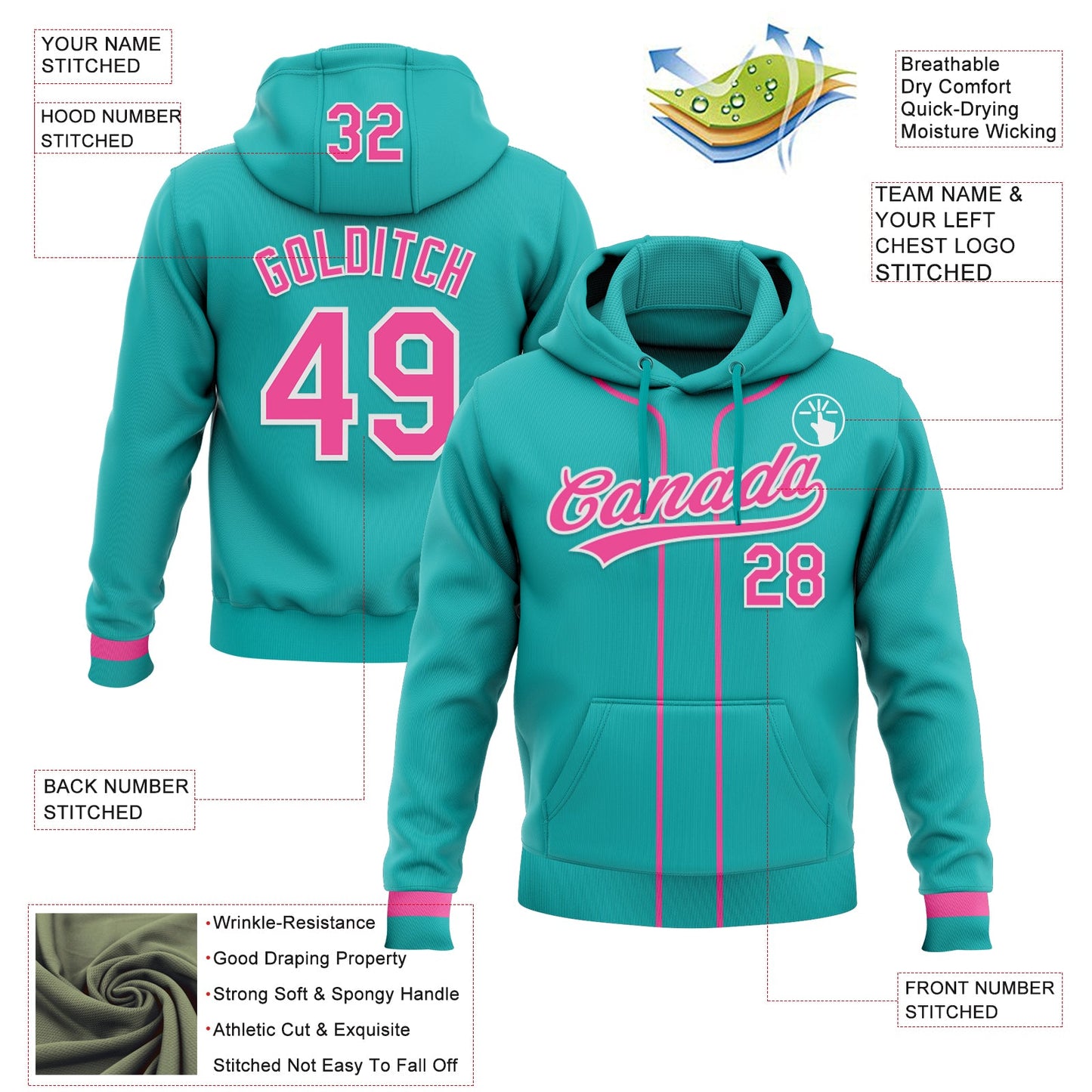 Custom Stitched Aqua Pink-White Baseball Pullover Sweatshirt Hoodie view 2