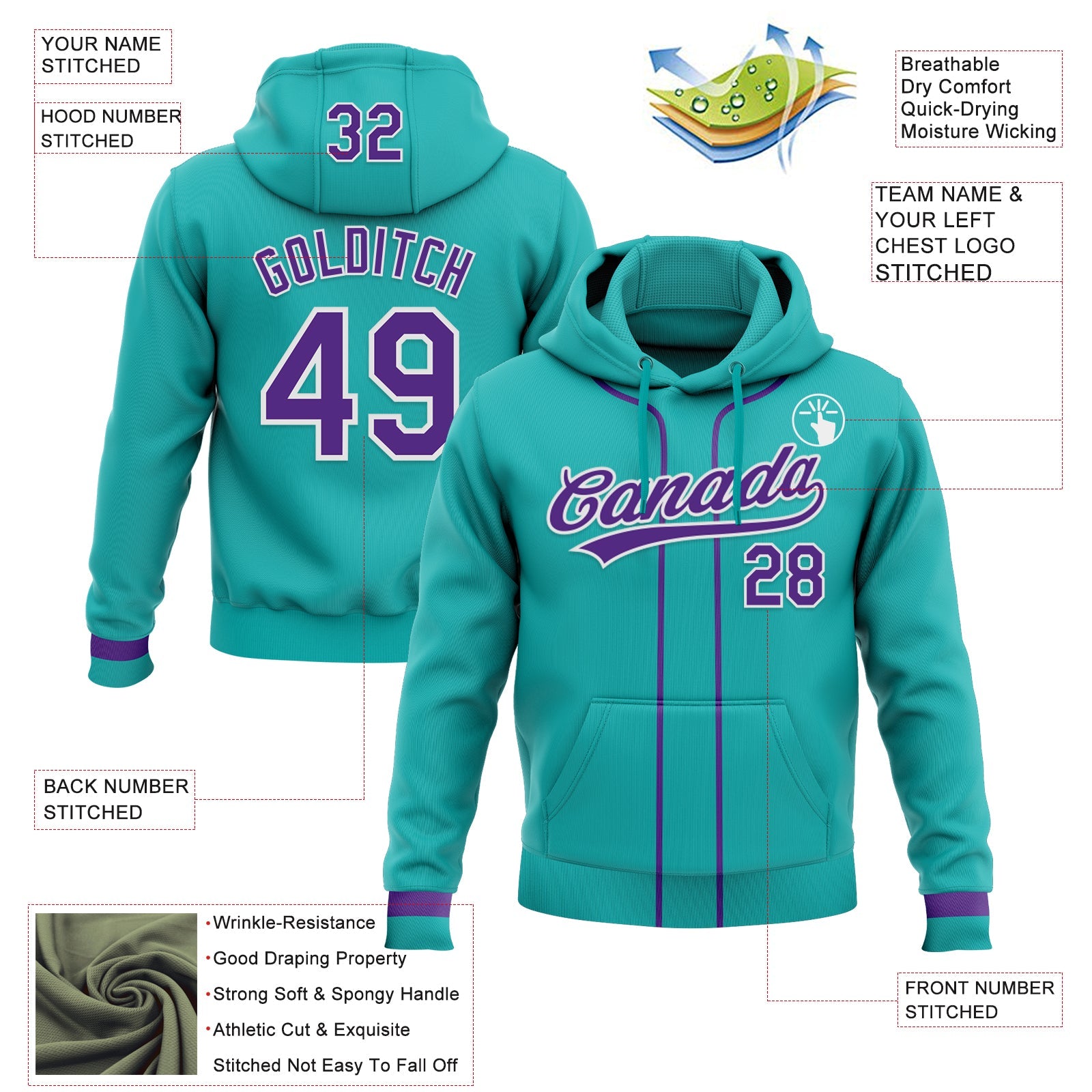 Custom Stitched Aqua Purple-White Baseball Pullover Sweatshirt Hoodie view 2